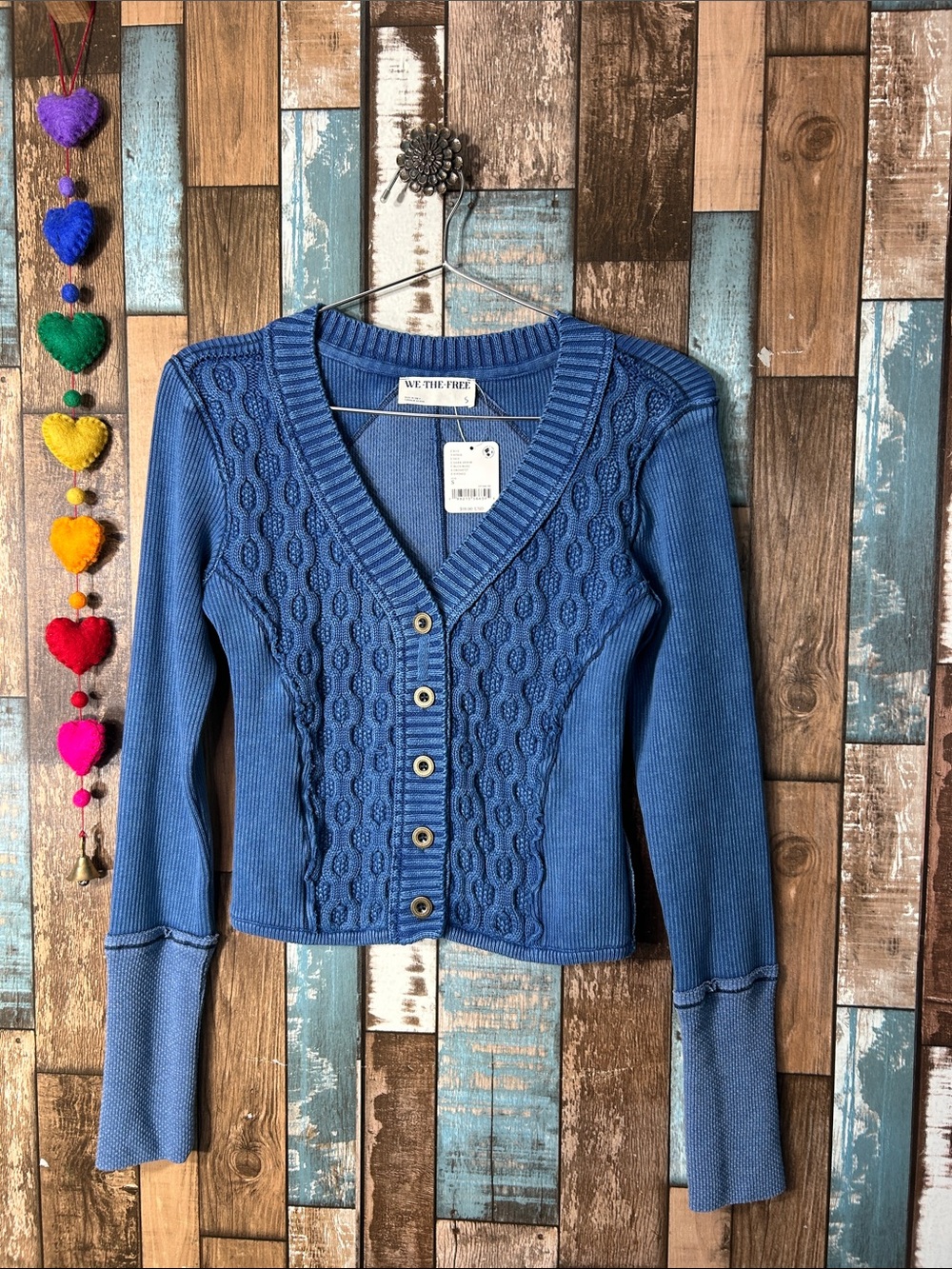 We The Free Blue Cable-Knit Button Cardigan